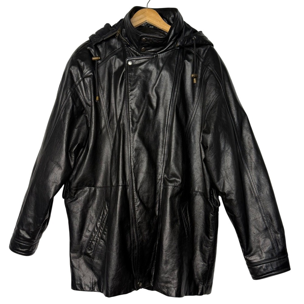 Wilsons Leather 90s Oversized Hooded Longline Leather Coat Black M, vintage